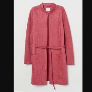 {H&M} Faux Suede Coat in Raspberry Red Tie Waist Belt